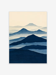 Minimalist blue mountain landscape art print with layered misty peaks in a Japanese-inspired woodblock style