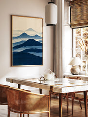 Minimalist blue mountain landscape art print with layered misty peaks in a Japanese-inspired, in a styled room mockup