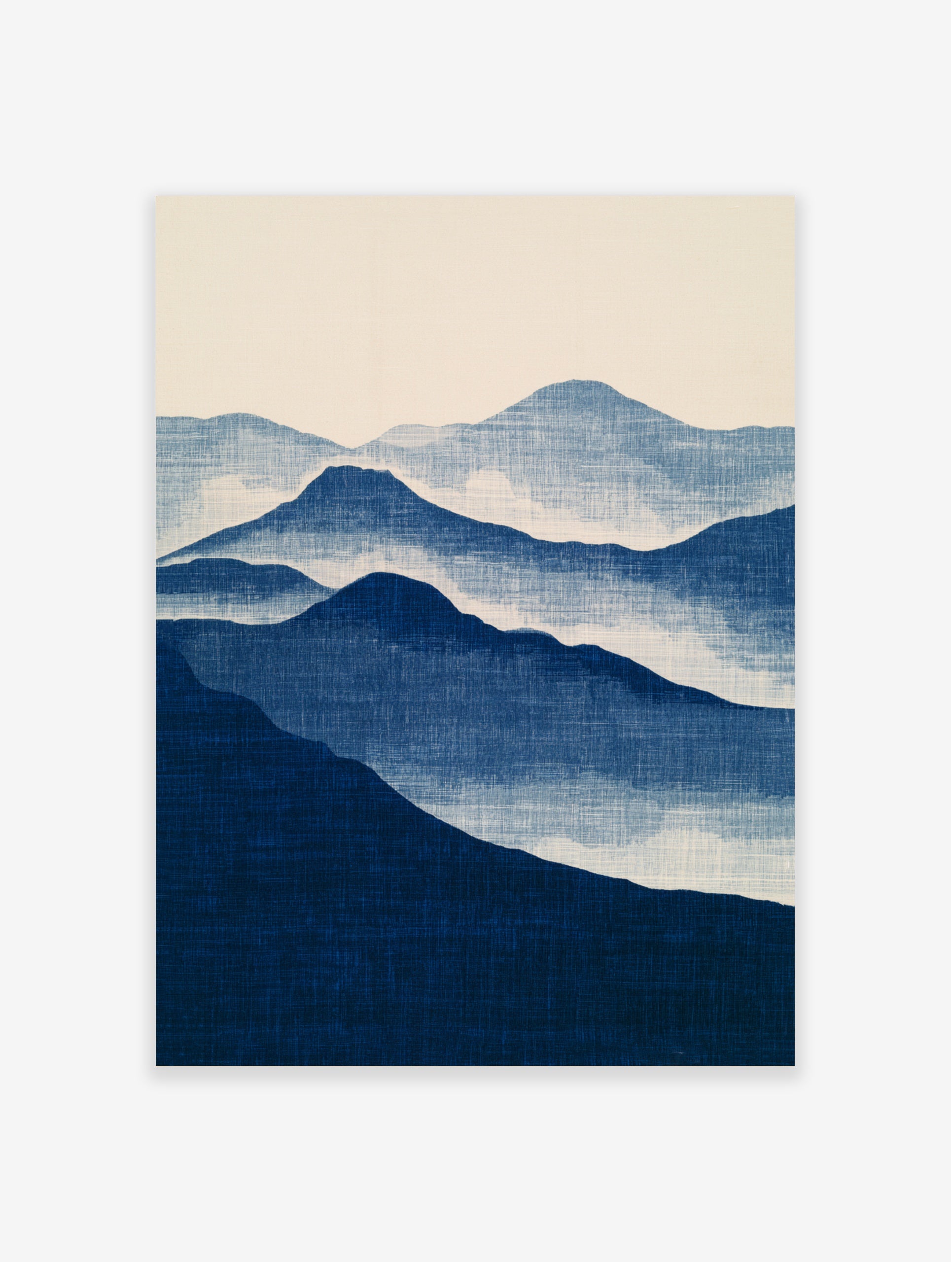 Minimalist blue mountain landscape wall art print with layered peaks and misty atmospheric effect