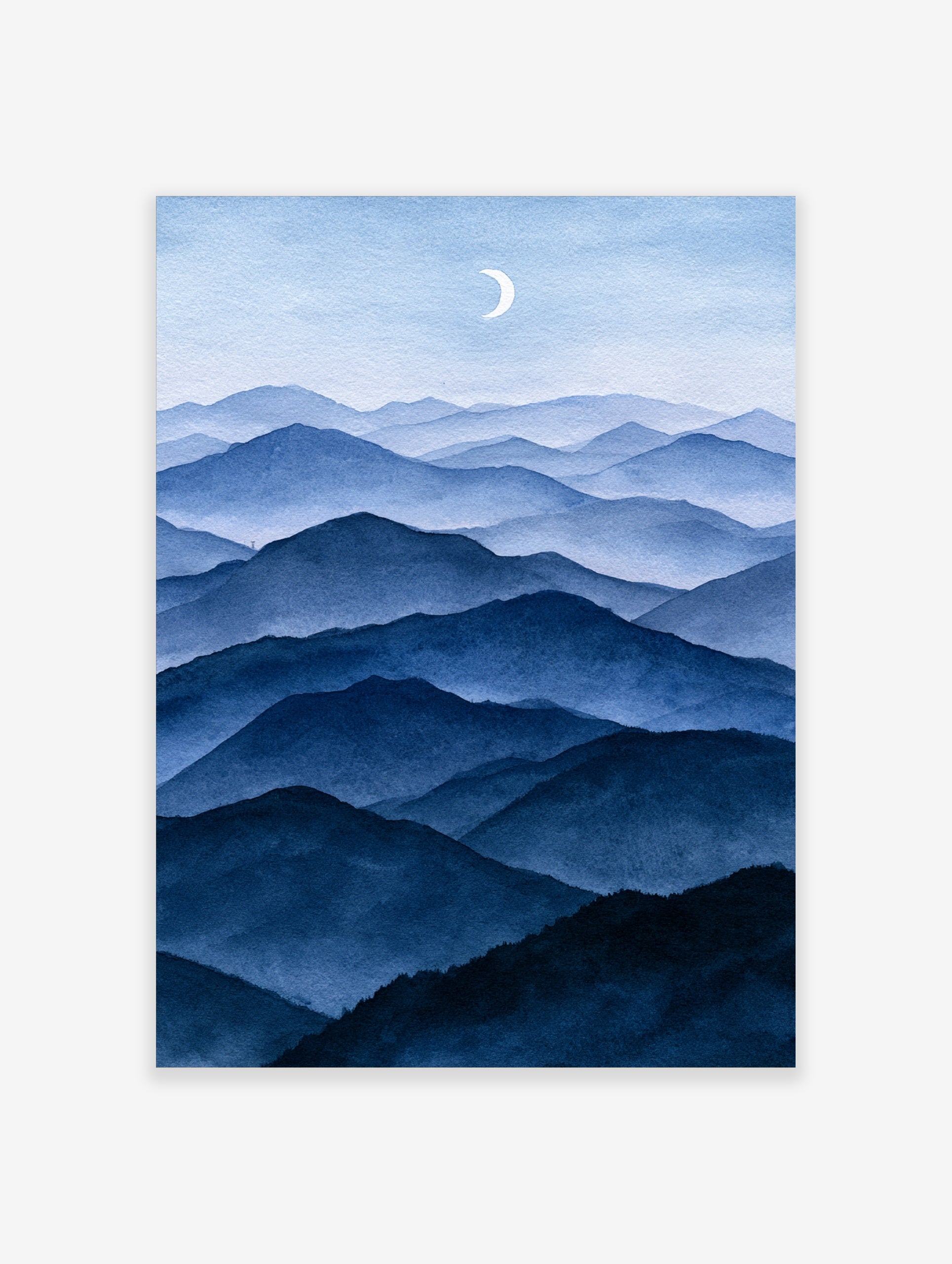 Minimalist blue mountain landscape illustration with layered peaks and a crescent moon, vertical art print