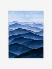 Minimalist blue mountain landscape illustration with layered peaks and a crescent moon, vertical art print