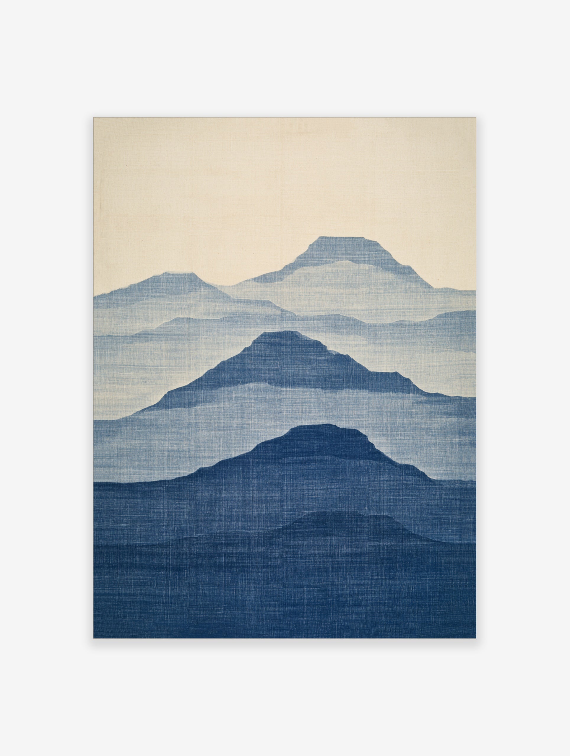 Minimalist mountain landscape wall art with layered blue silhouettes and fabric texture on a light background