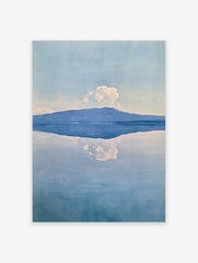 Minimalist blue mountain reflection landscape painting with soft white cloud, watercolour style art print on paper