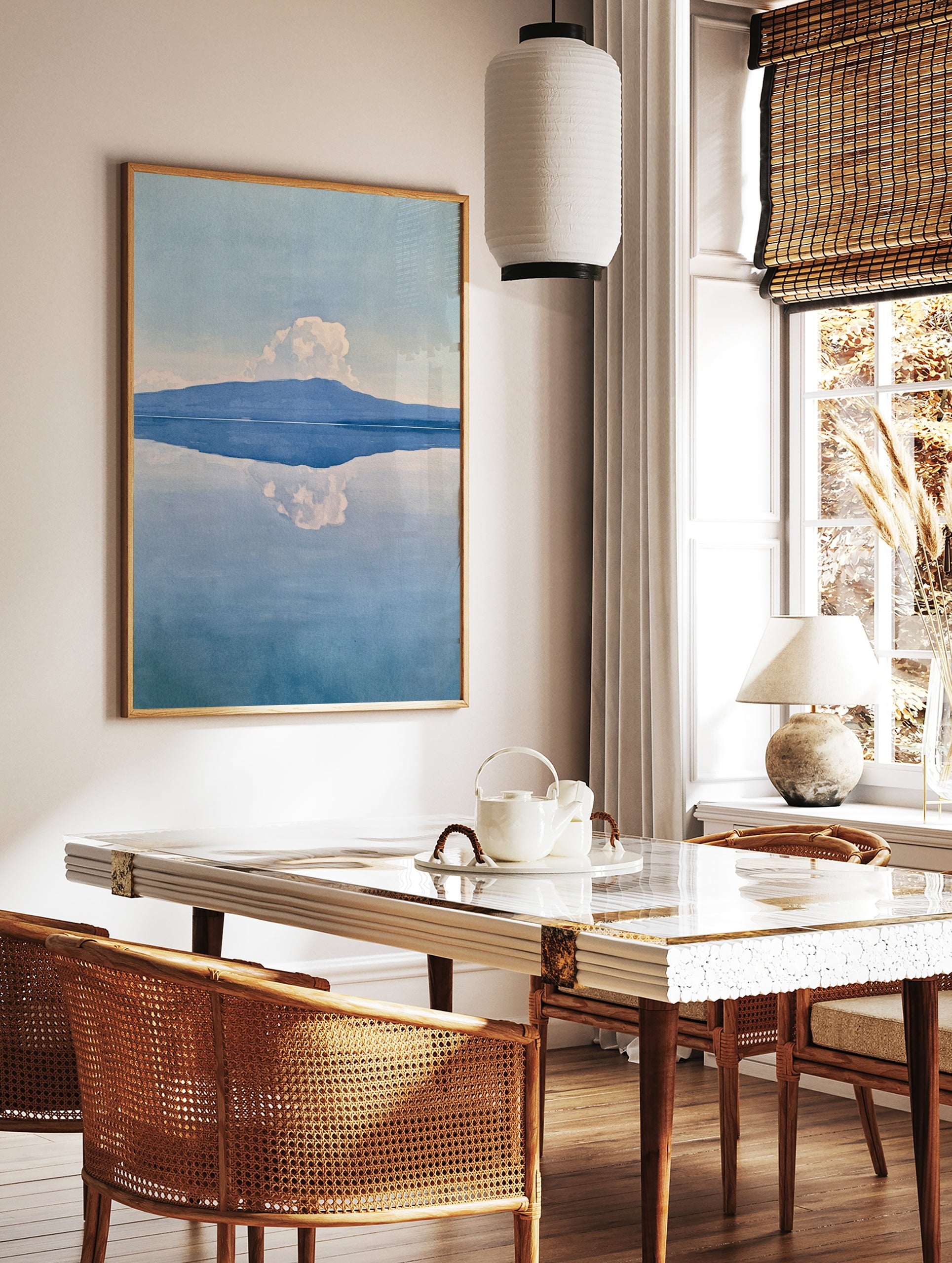 Minimalist blue mountain reflection landscape painting with soft white cloud, watercolour style art, in a styled room mockup