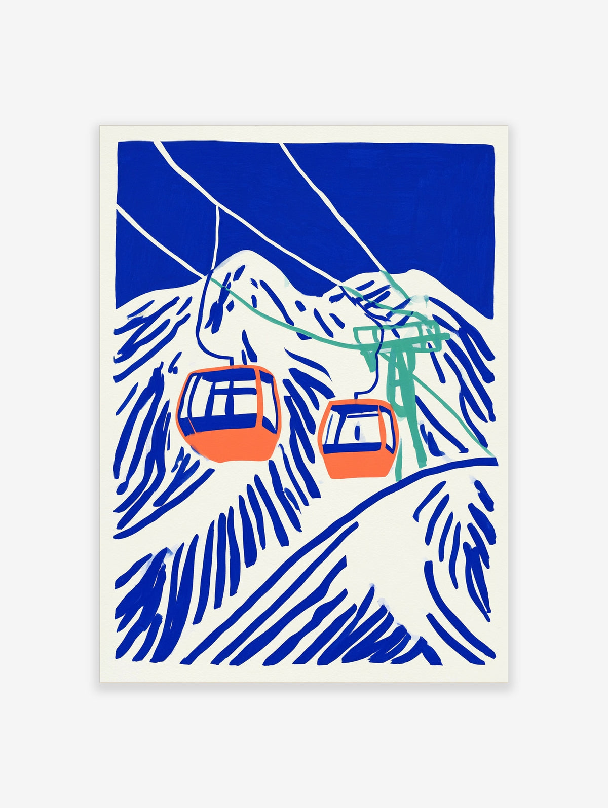 Blue mountain ski poster with two orange cable cars on white cables, green lift towers, and deep blue sky