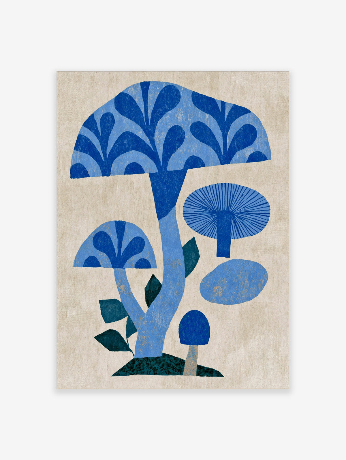 Blue mushroom wall art with stylised fungi and leaves on textured beige background