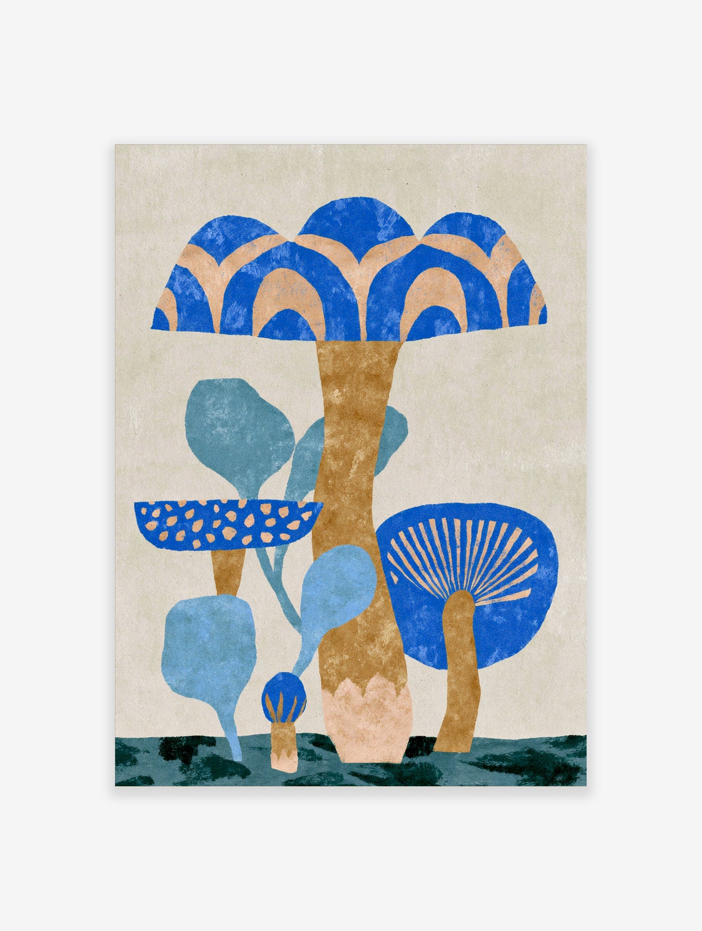 Blue mushroom wall art with arch pattern, speckled cap, and fan gills on beige background