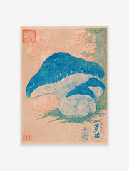 Japanese botanical print of three blue mushrooms with pale gills on green grass, peach background, red seals