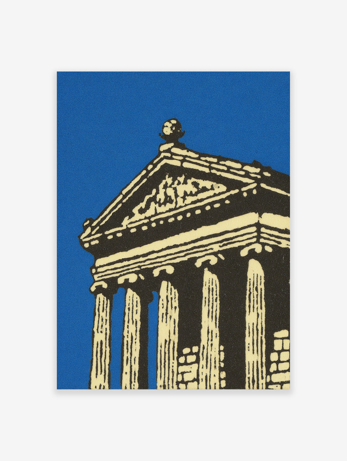 Blue neoclassical architecture poster of a classical temple facade with cream columns and pediment