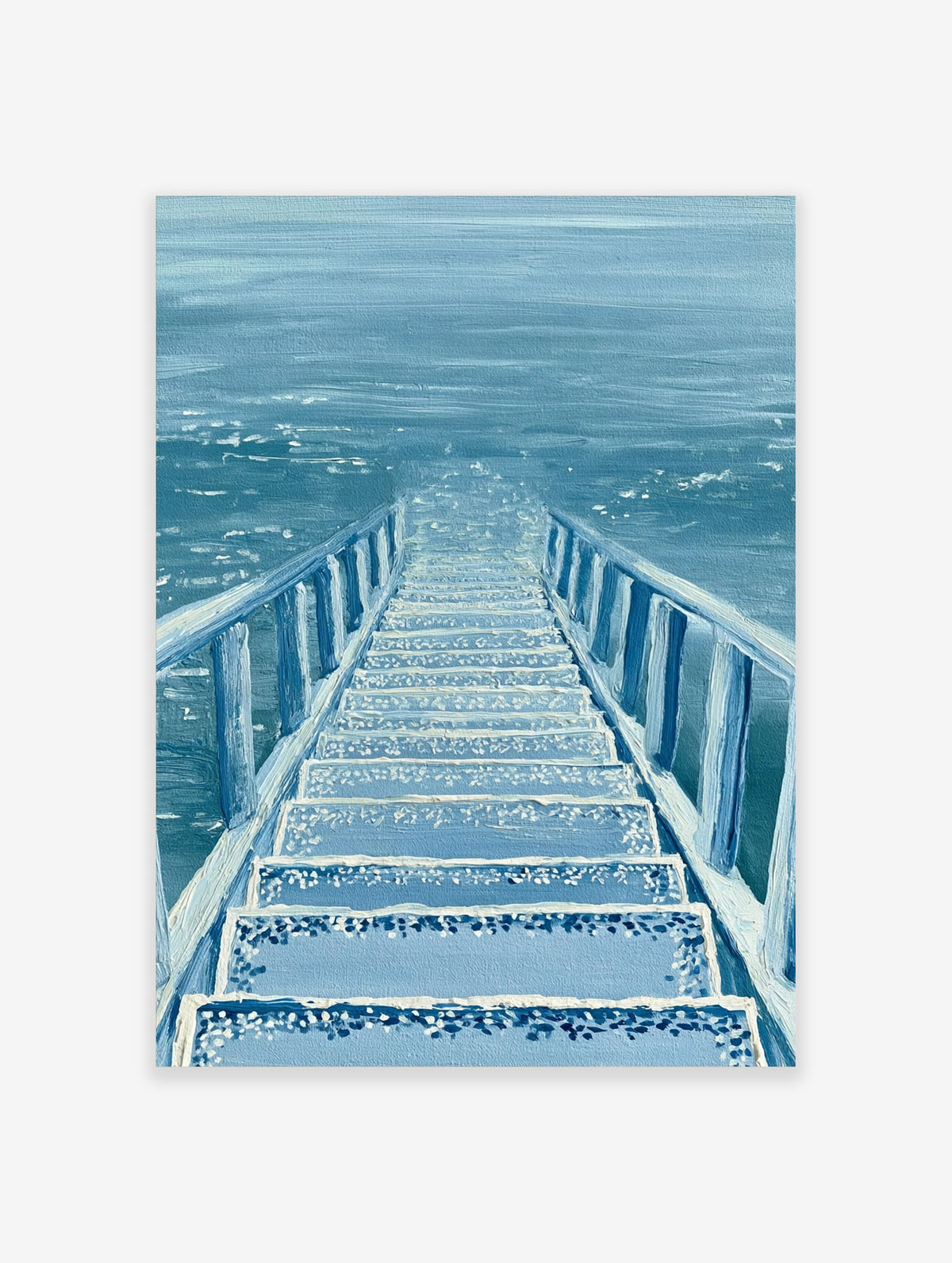 Blue ocean pier stairs poster with white railings descending into textured water
