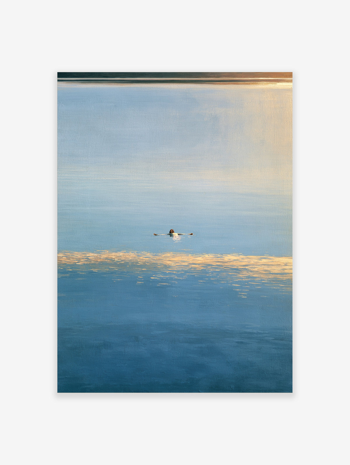 Minimalist ocean art print of a lone swimmer floating in calm blue water with golden light