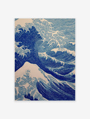 Blue ocean wave art print in a Japanese woodcut style, showing large waves cresting against a light background.