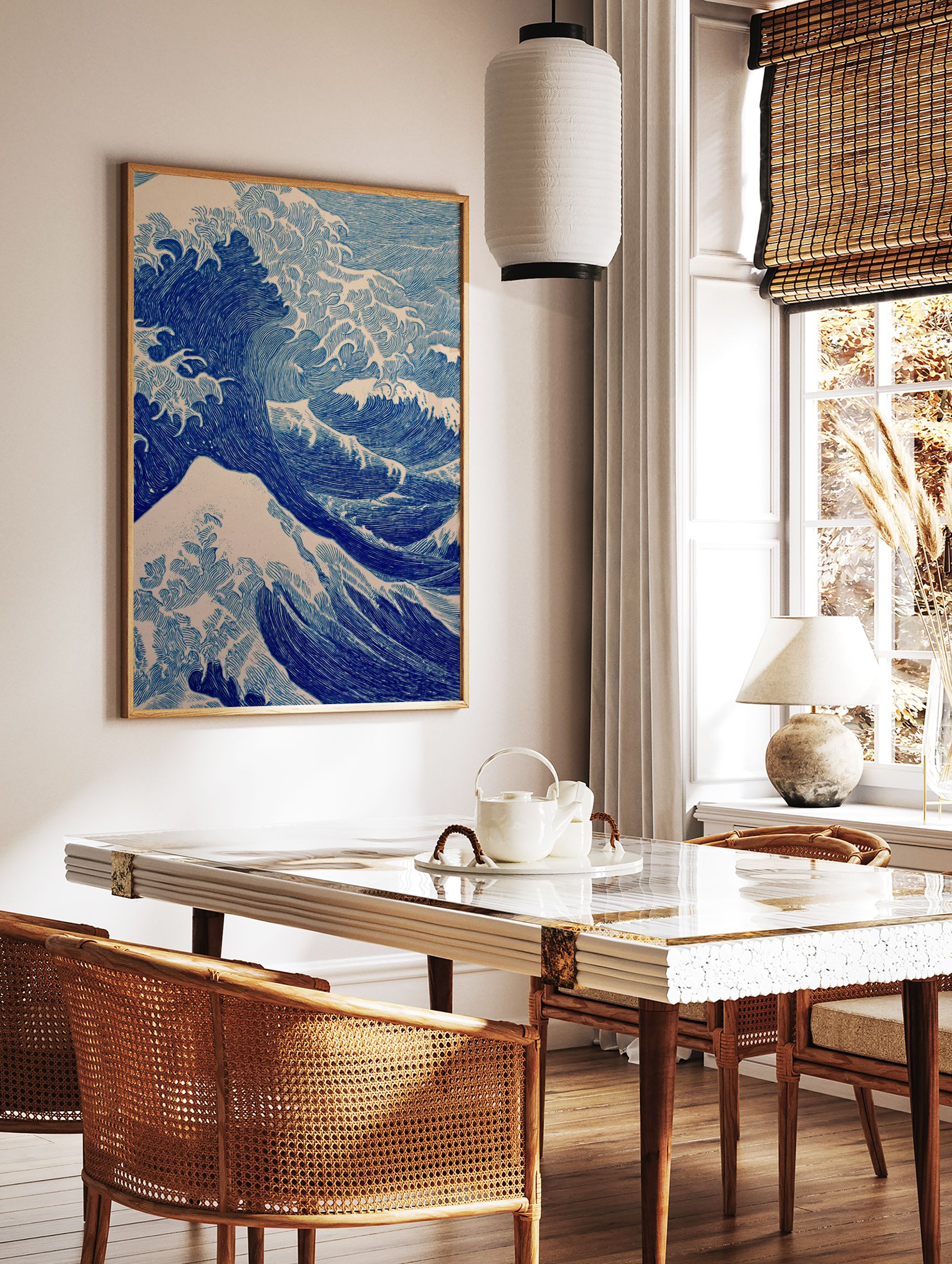 Blue ocean wave art print in a Japanese woodcut style, showing large waves cresting against a light background. - Image 2