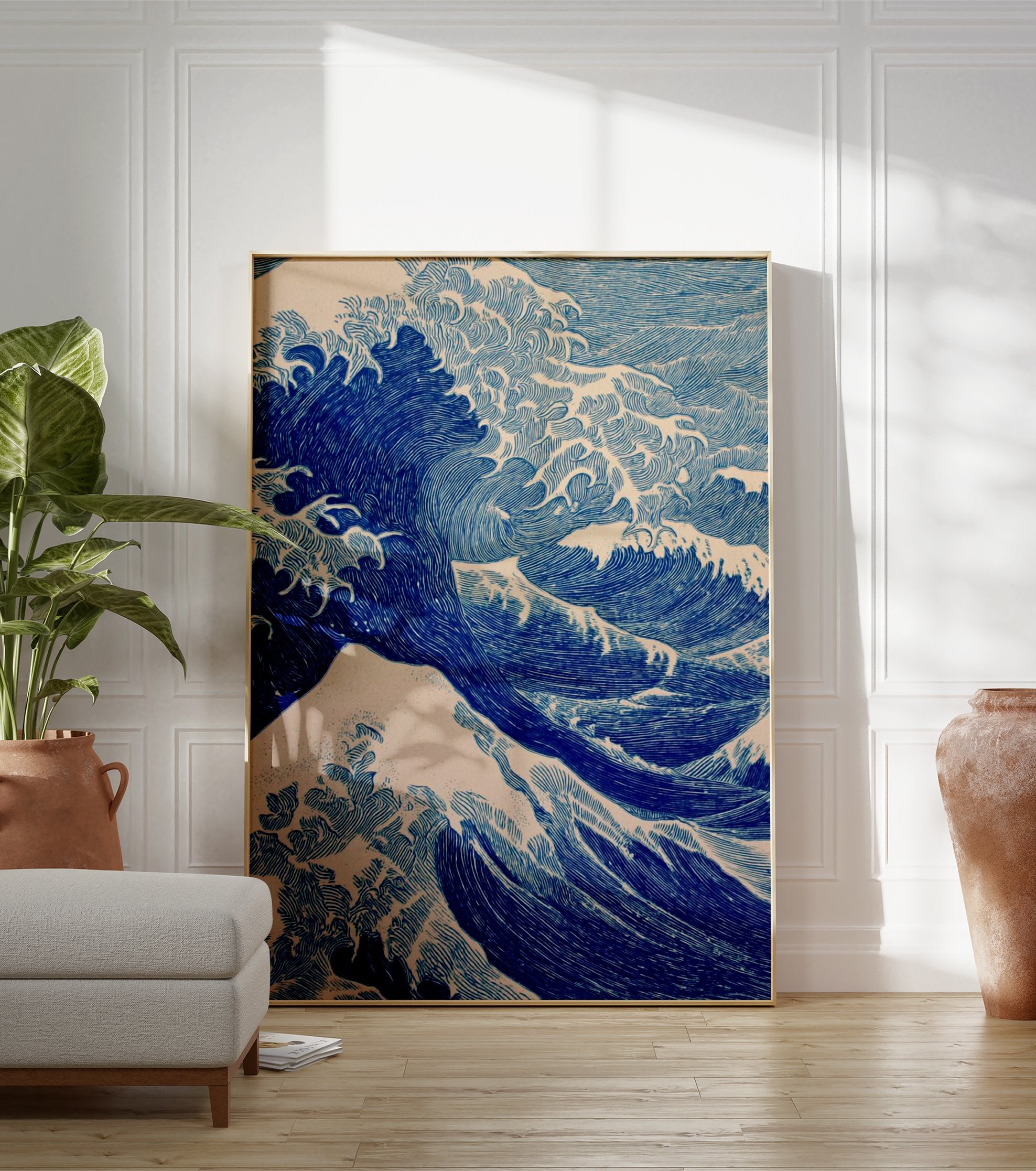 Blue ocean wave art print in a Japanese woodcut style, showing large waves cresting against a light background. - Image 3
