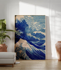 Blue ocean wave art print in a Japanese woodcut style, showing large waves cresting against a light background. - Image 3