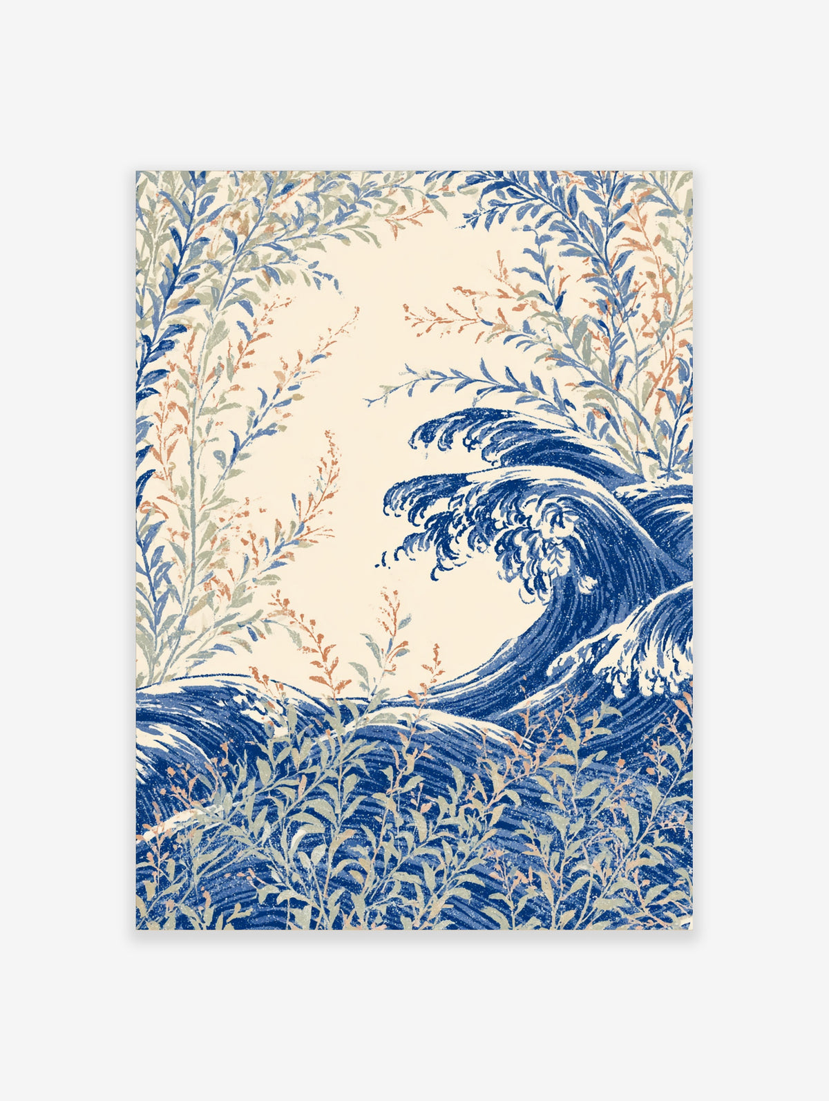 Blue ocean wave poster with stylised Japanese wave and botanical branches on cream background