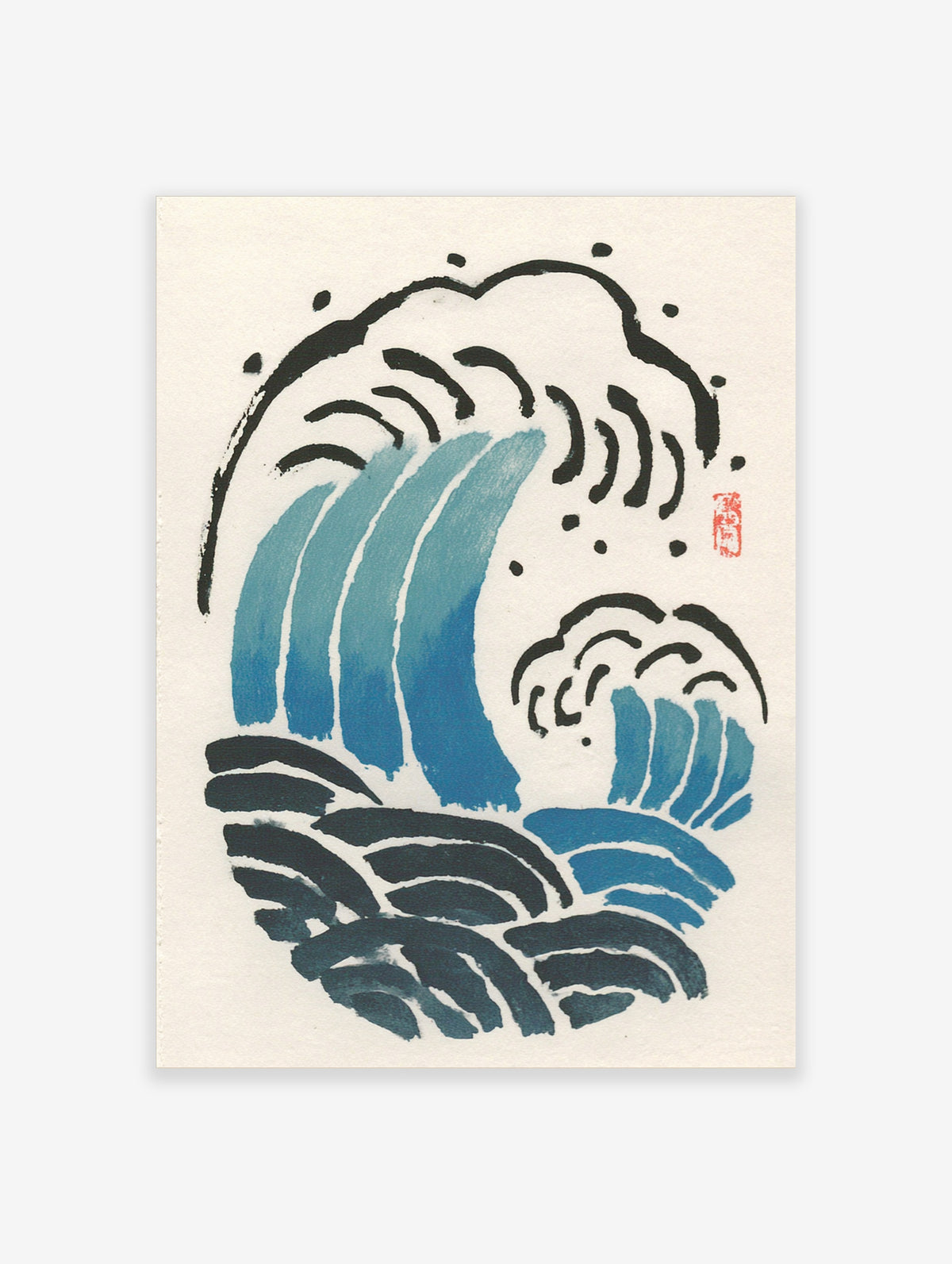 Stylised blue ocean wave with curling crest and churning surf in Japanese woodblock style