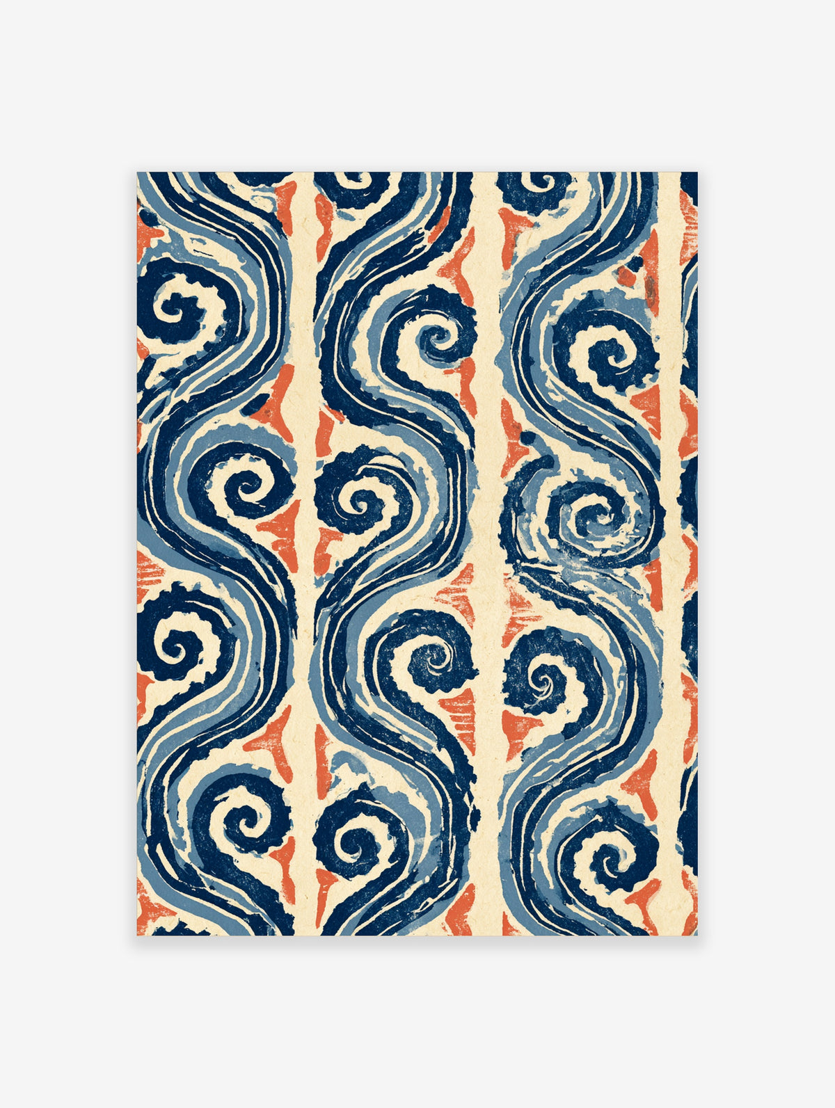 Navy blue and coral ocean wave pattern with swirling Japanese-style curls on cream paper