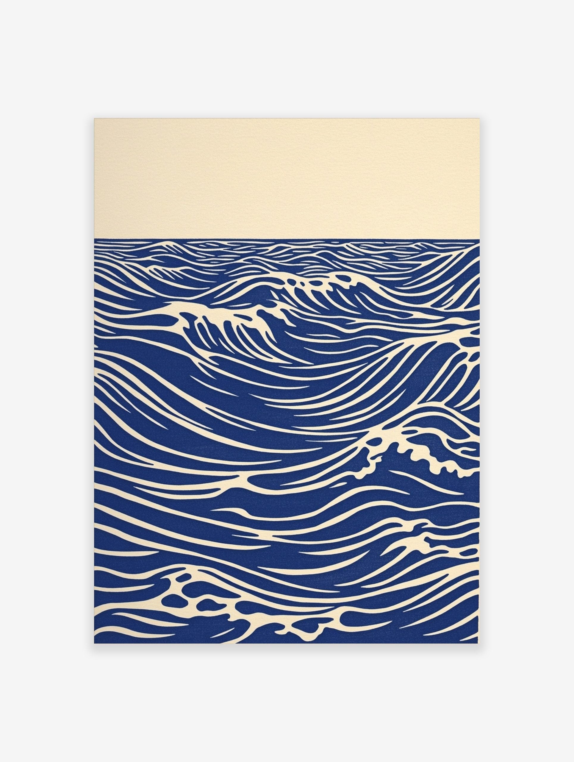 Stylised blue ocean waves with white crests and horizon line on an unframed paper print