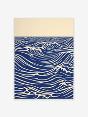 Stylised blue ocean waves with white crests and horizon line on an unframed paper print