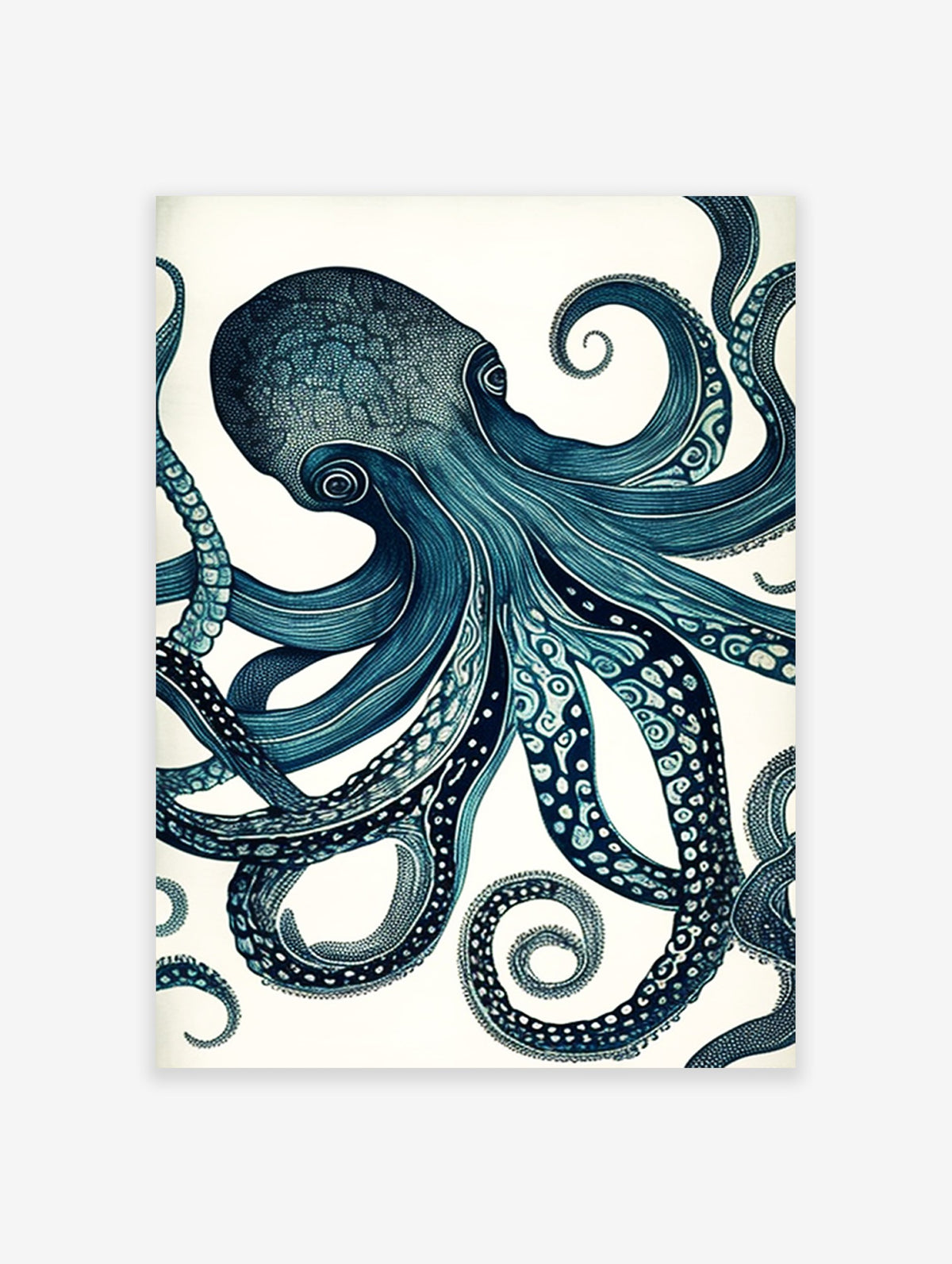 Detailed blue octopus illustration poster with swirling tentacles and intricate patterns on a white background.