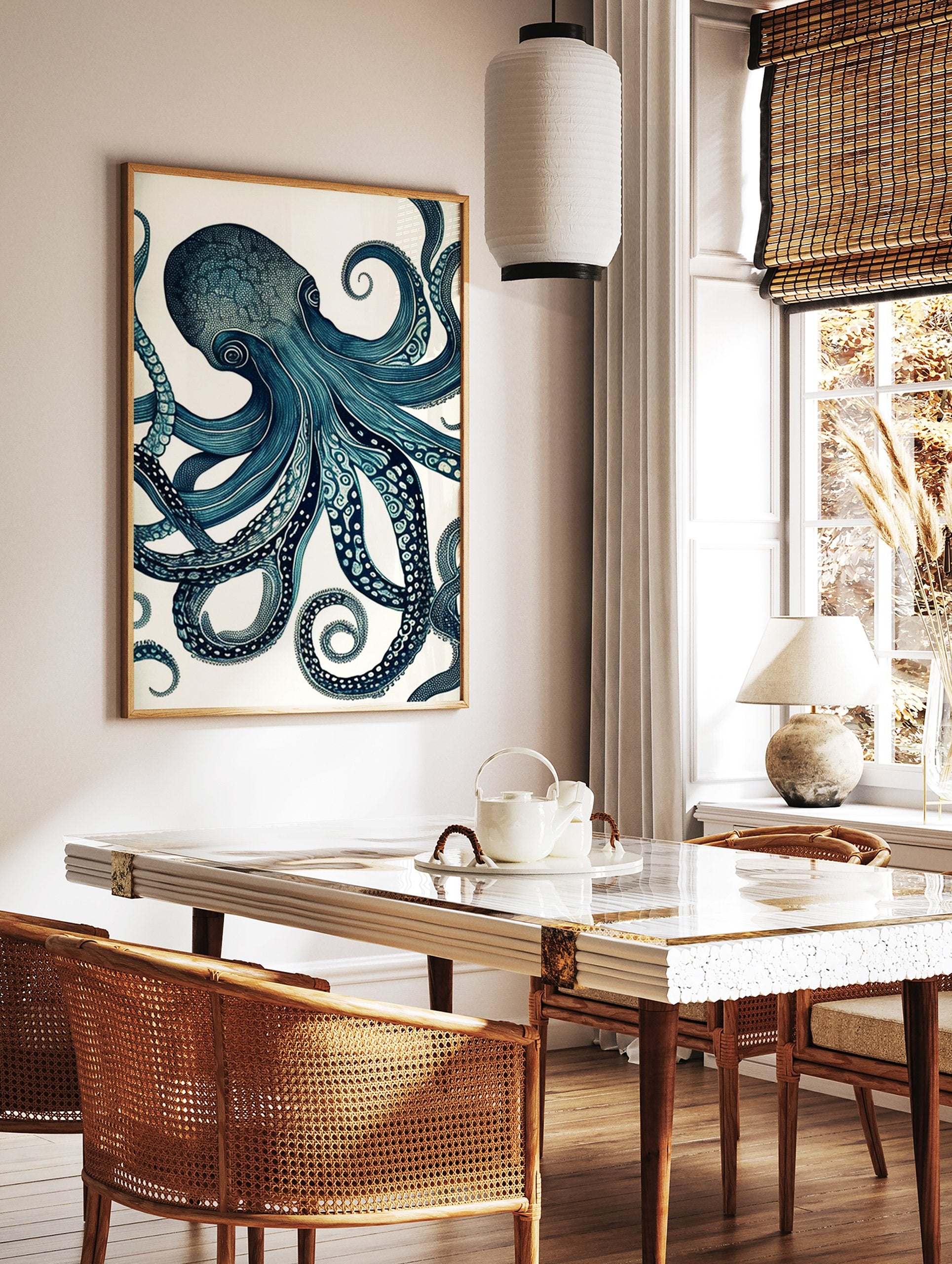 Detailed blue octopus illustration poster with swirling tentacles and intricate patterns on a white background. - Image 2