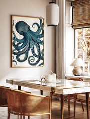 Detailed blue octopus illustration poster with swirling tentacles and intricate patterns on a white background. - Image 2