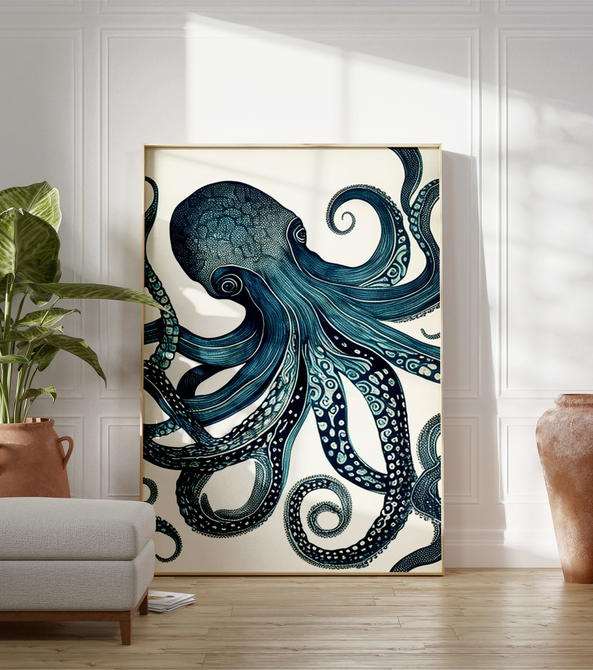 Detailed blue octopus illustration poster with swirling tentacles and intricate patterns on a white background. - Image 3