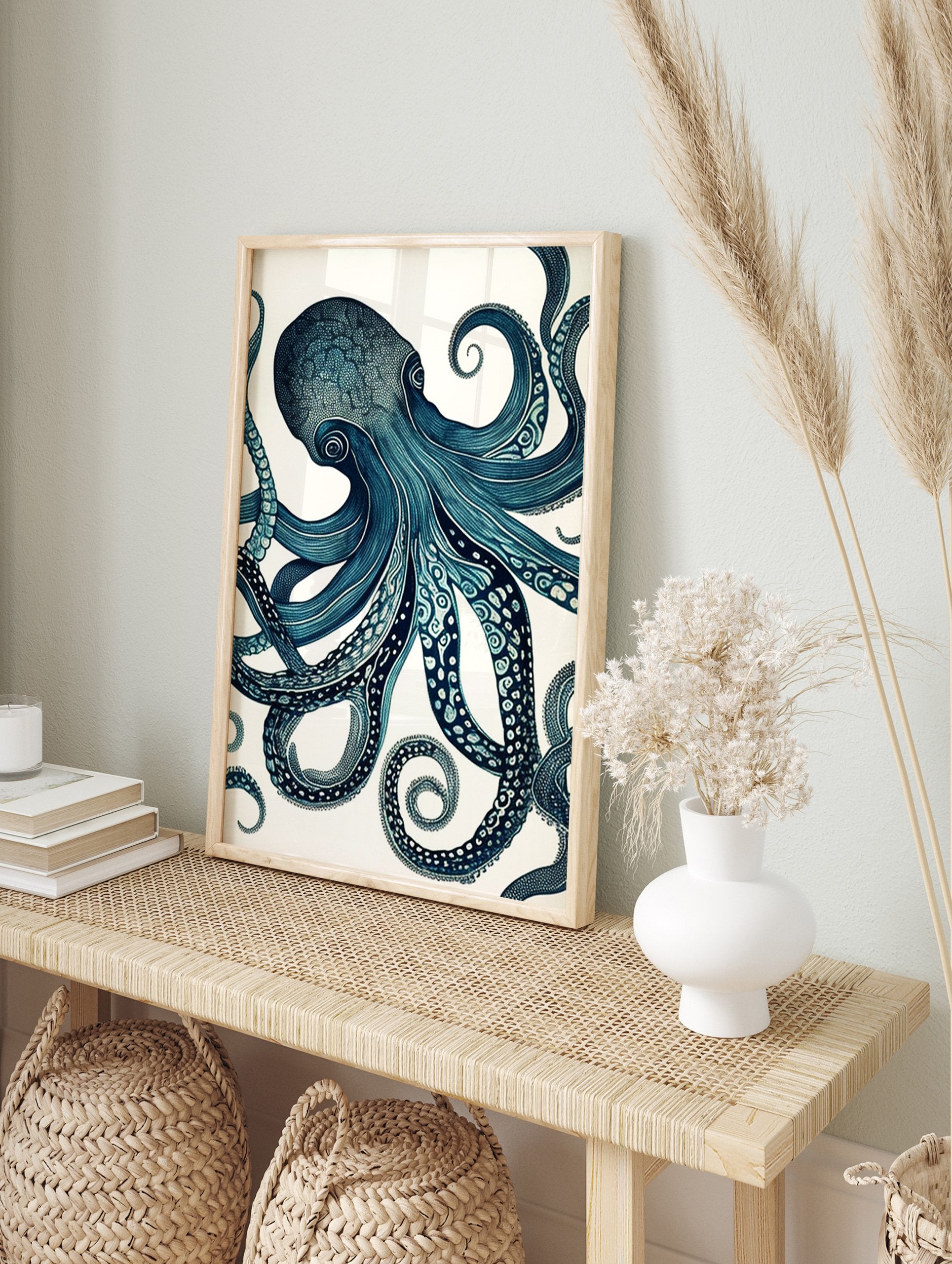 Detailed blue octopus illustration poster with swirling tentacles and intricate patterns on a white background. - Image 4