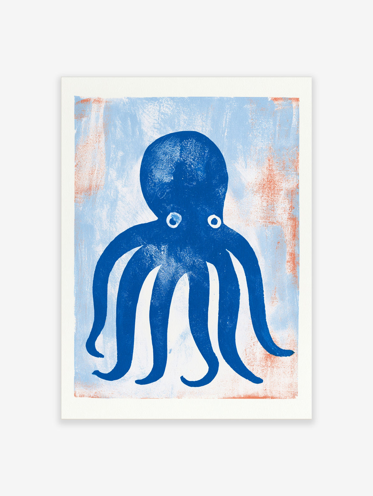 Blue octopus poster with deep blue octopus on pale blue and orange textured background
