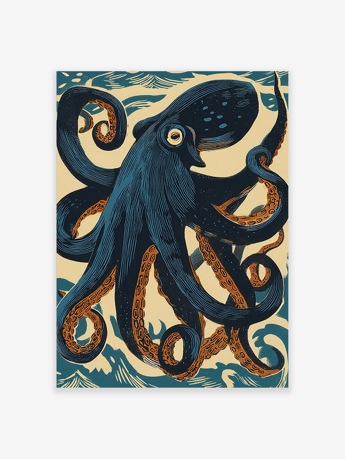 Blue octopus poster with orange suckers and stylised teal waves on a cream background