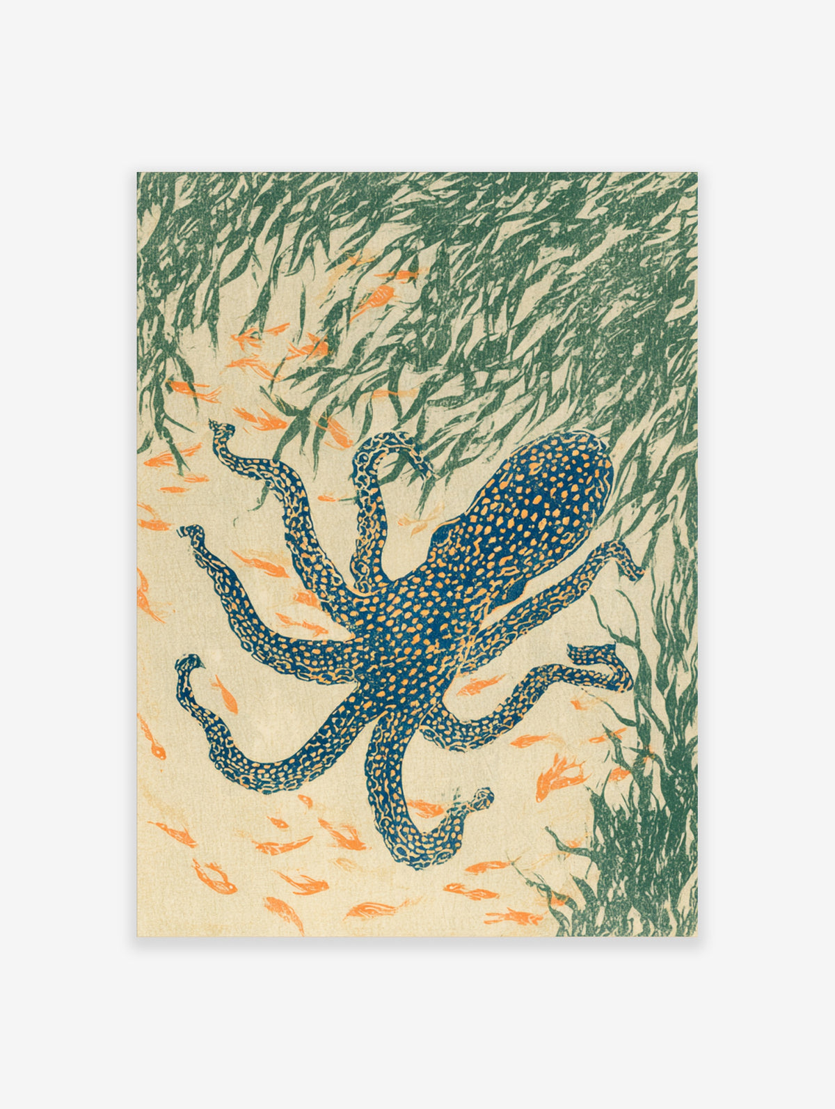 Blue octopus poster with orange fish and green seaweed on a beige background