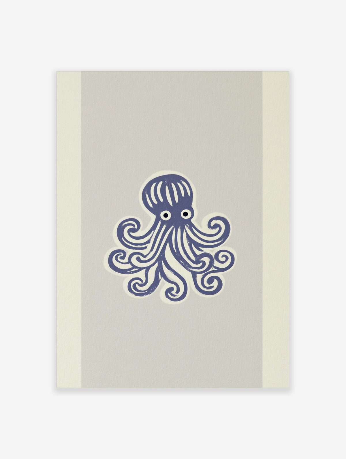 Navy blue stylised octopus with white eyes and swirling tentacles on a light grey background