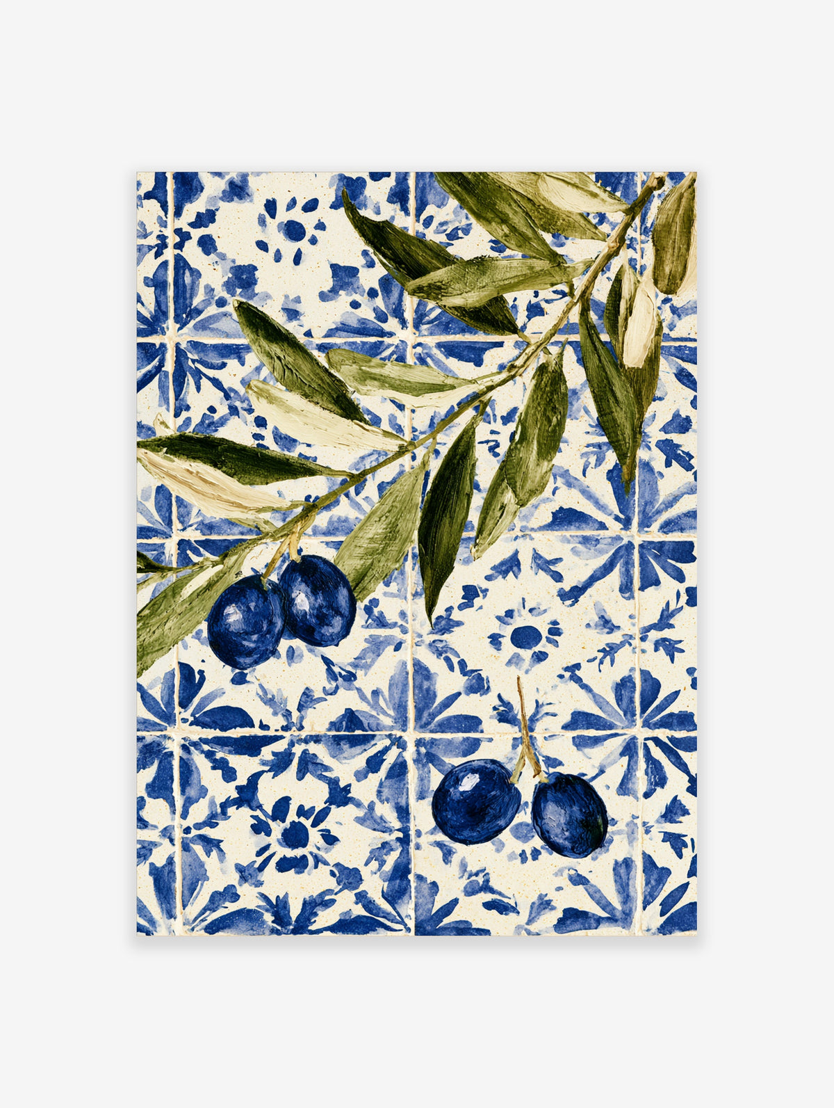 Blue olive branch art print with dark olives and green leaves over a blue and white tile pattern
