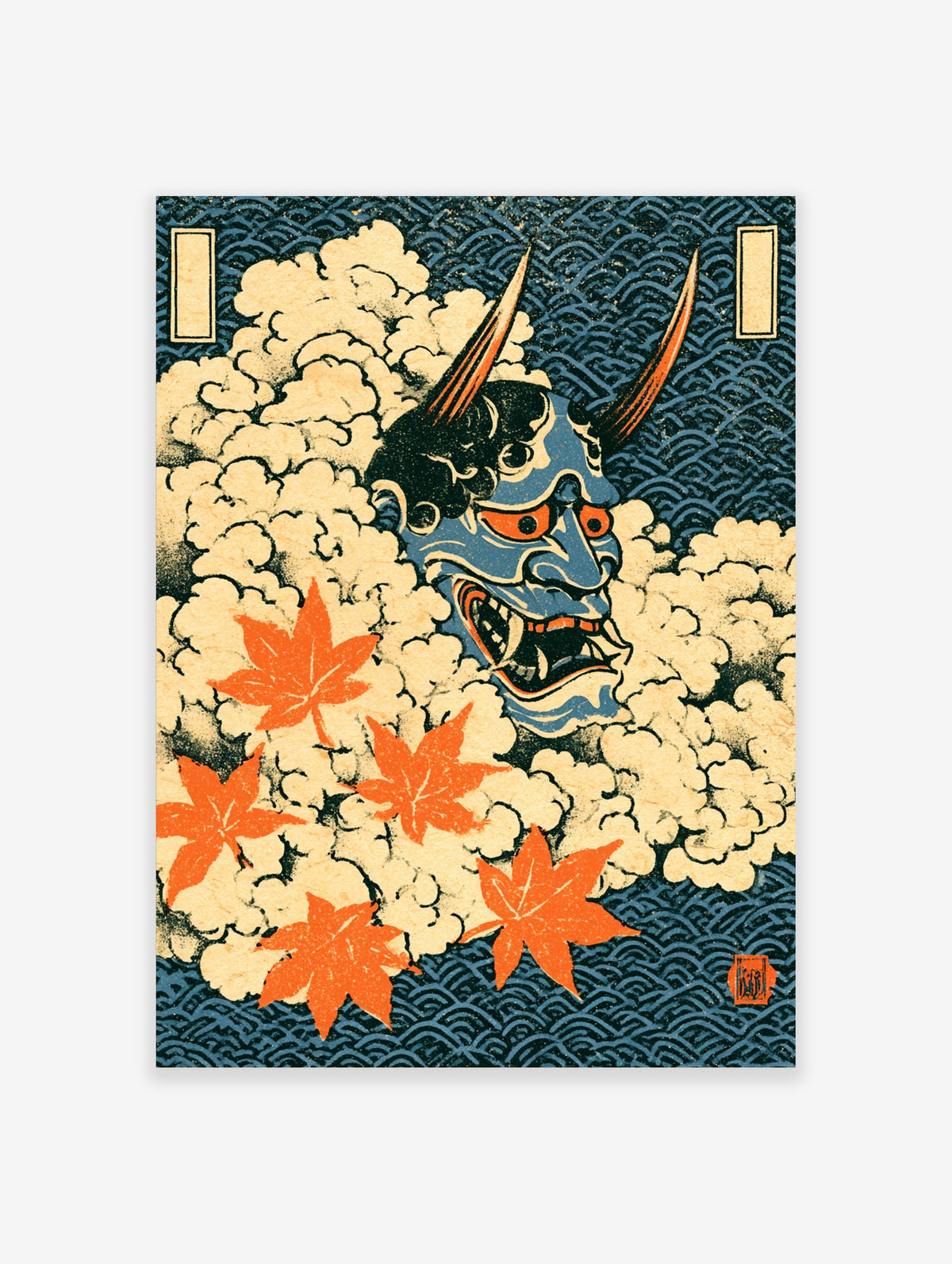 Blue oni demon with horns and orange eyes surrounded by cream clouds, red maple leaves, and blue wave pattern