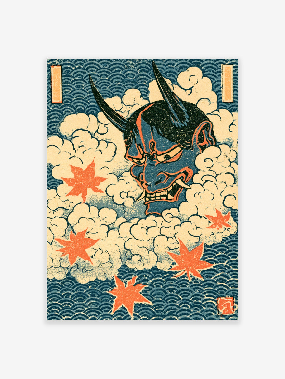 Blue oni demon head with black horns and fangs, cream clouds, orange maple leaves, Japanese ukiyo-e style poster