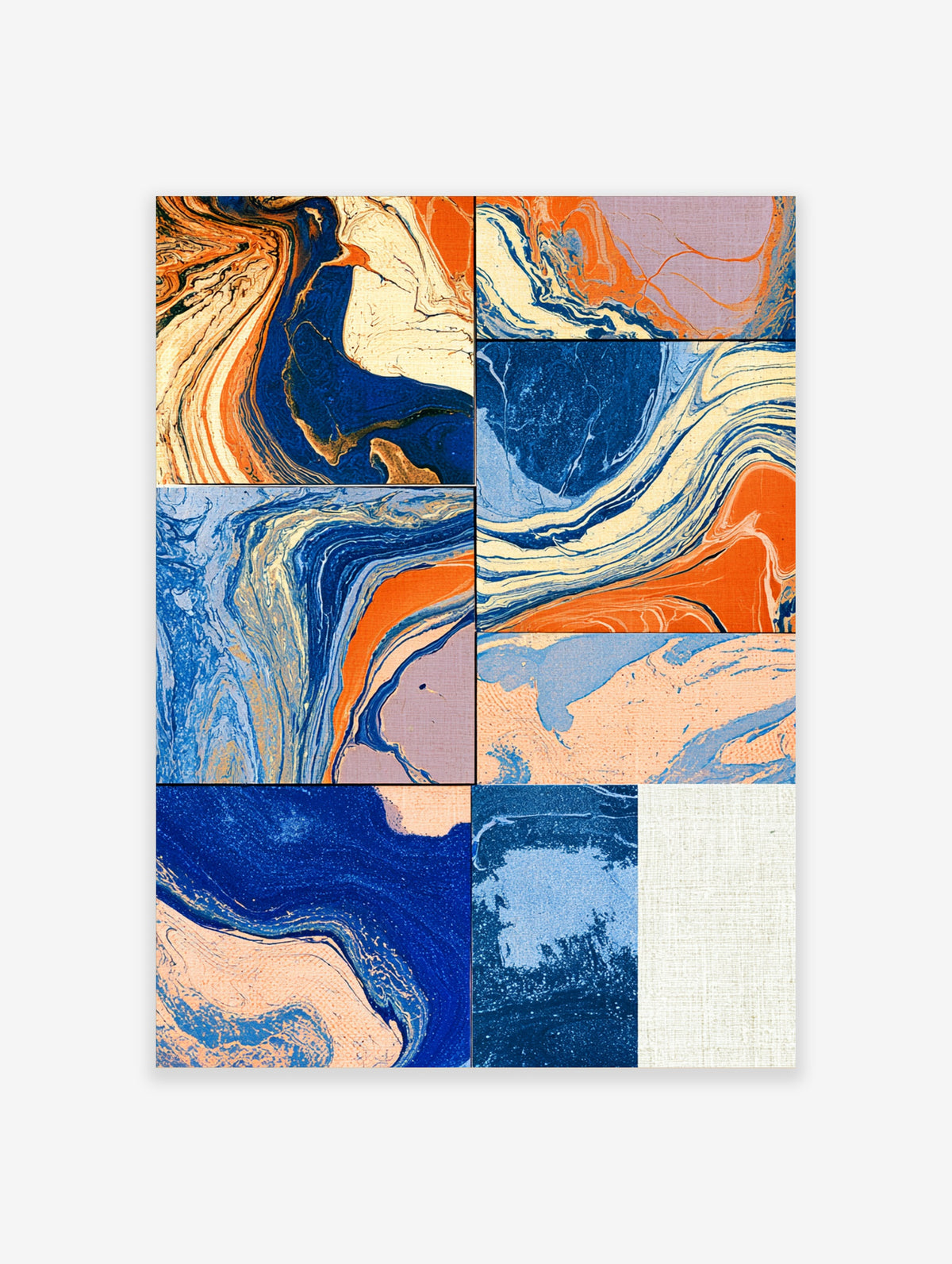 Blue and orange abstract marble poster with fluid swirls and layered waves in a grid composition