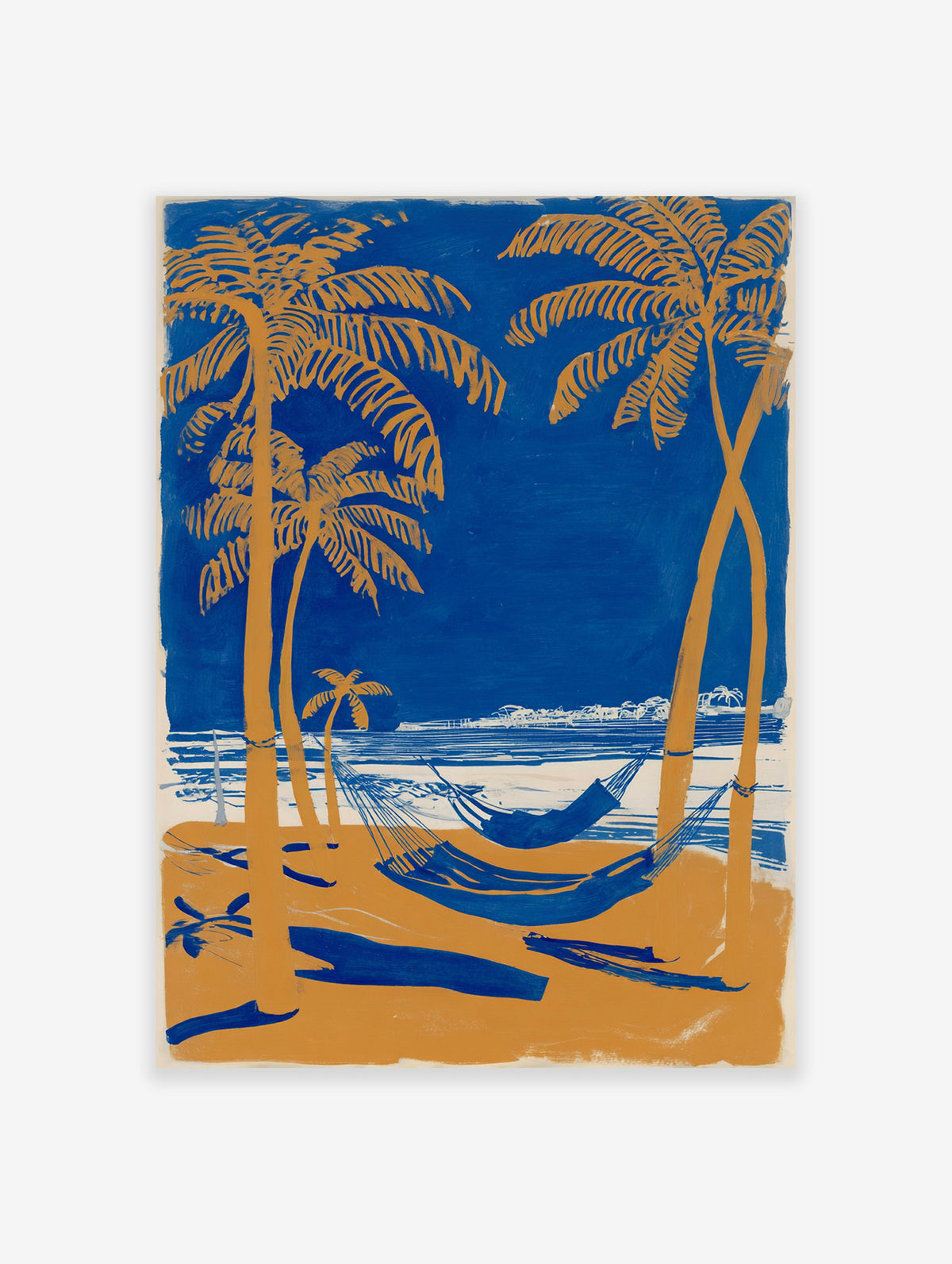 Tropical beach poster with blue ocean, orange palm trees, and hammocks on a sandy shore under a clear sky.