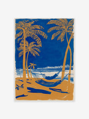 Tropical beach poster with blue ocean, orange palm trees, and hammocks on a sandy shore under a clear sky.