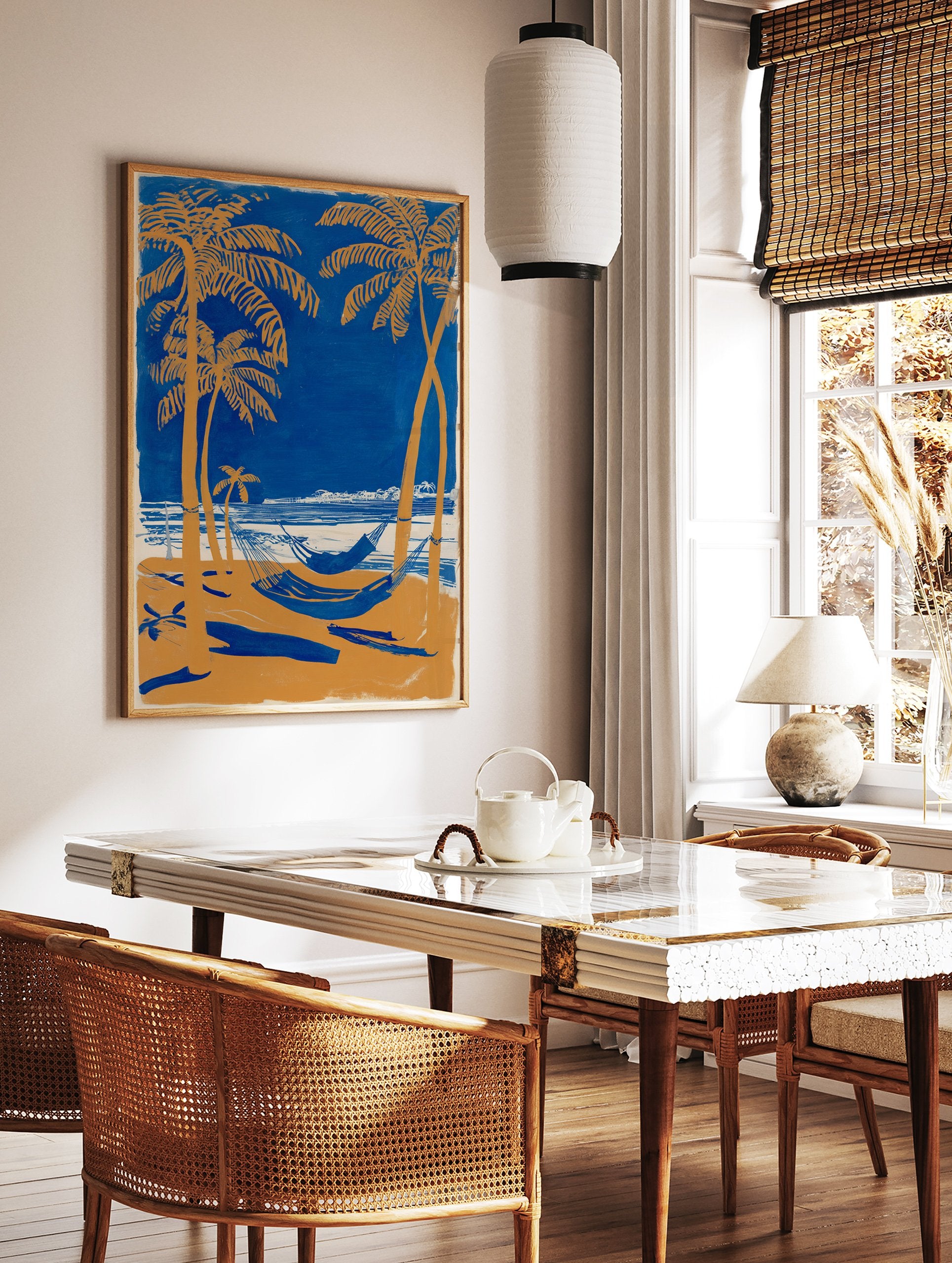 Tropical beach poster with blue ocean, orange palm trees, and hammocks on a sandy shore under a clear sky. - Image 2
