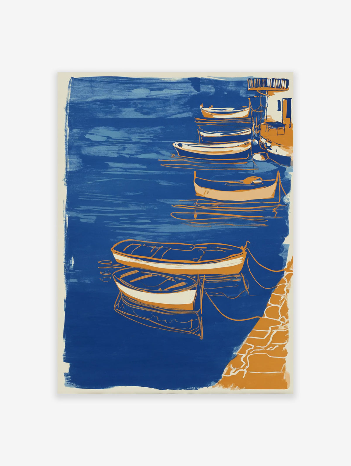 Blue and orange boat poster depicting a coastal harbor scene with several small boats tied to a dock.