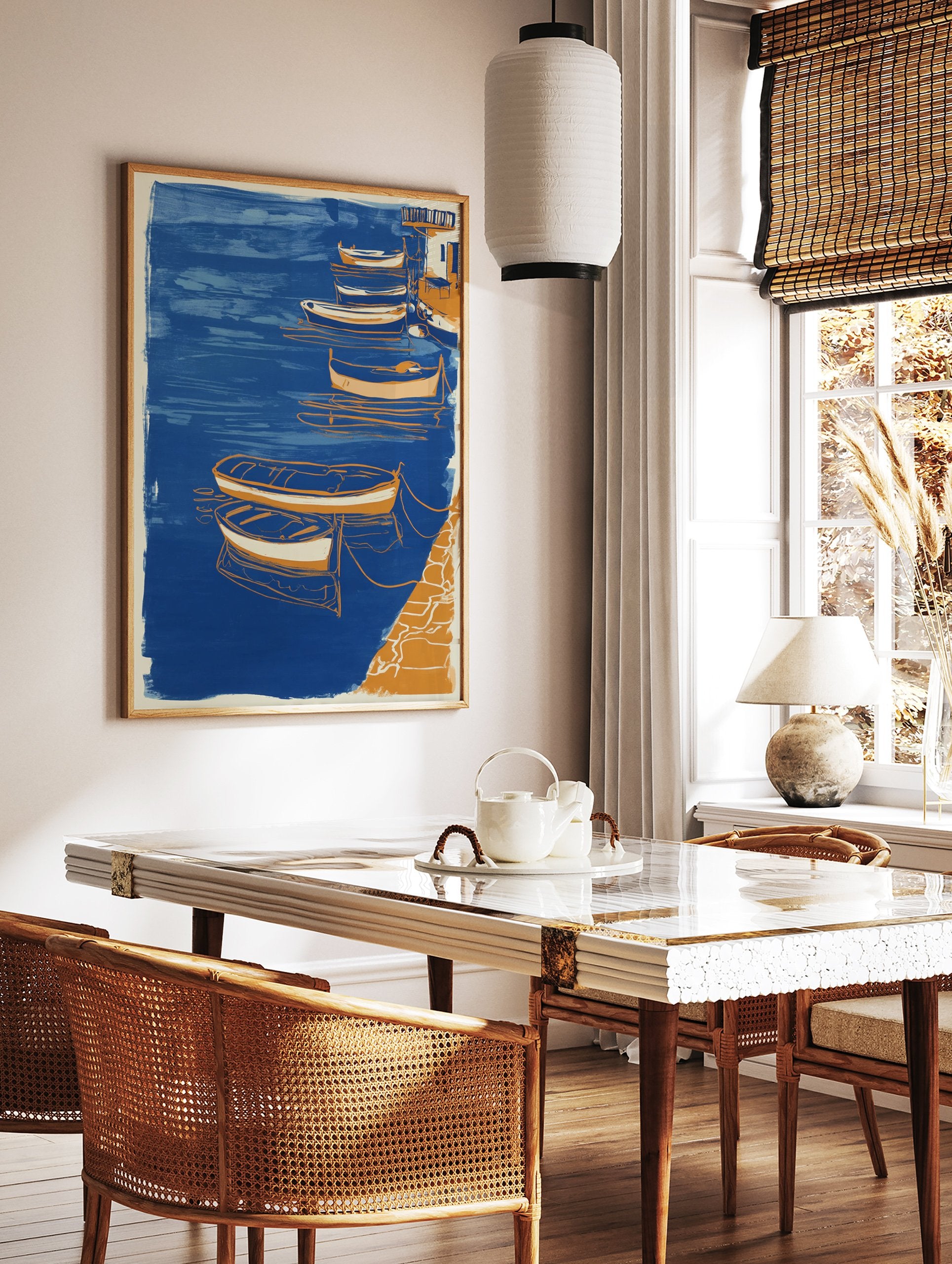 Blue and orange boat poster depicting a coastal harbor scene with several small boats tied to a dock. - Image 2