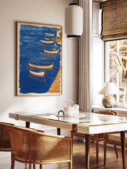 Blue and orange boat poster depicting a coastal harbor scene with several small boats tied to a dock. - Image 2