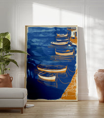 Blue and orange boat poster depicting a coastal harbor scene with several small boats tied to a dock. - Image 3