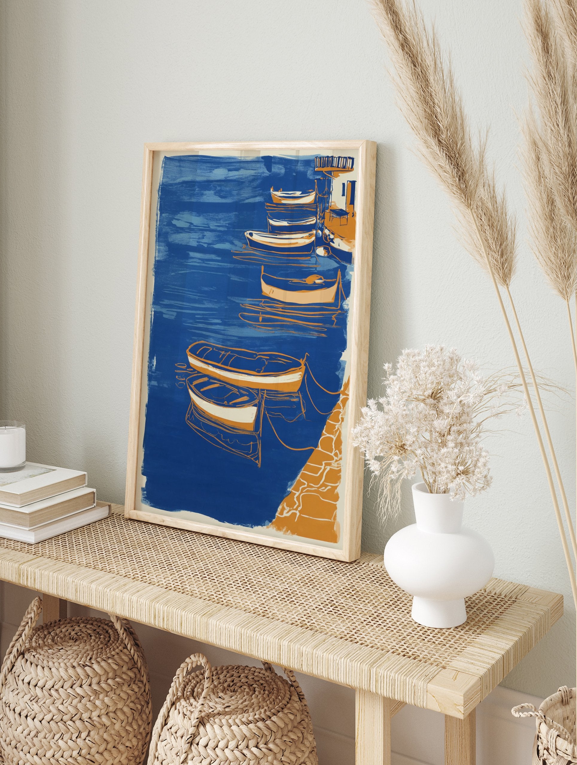 Blue and orange boat poster depicting a coastal harbor scene with several small boats tied to a dock. - Image 4