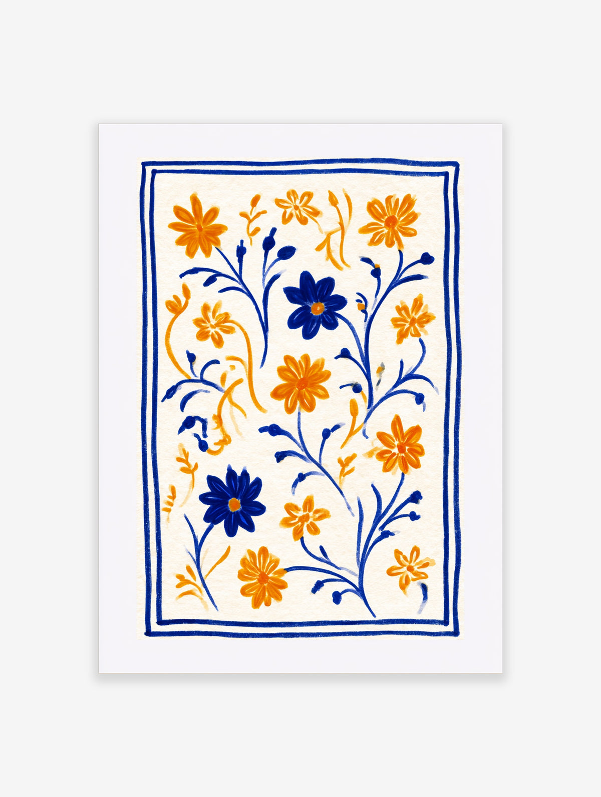 Blue and orange floral art print with stylised flowers and scrolling stems on cream background