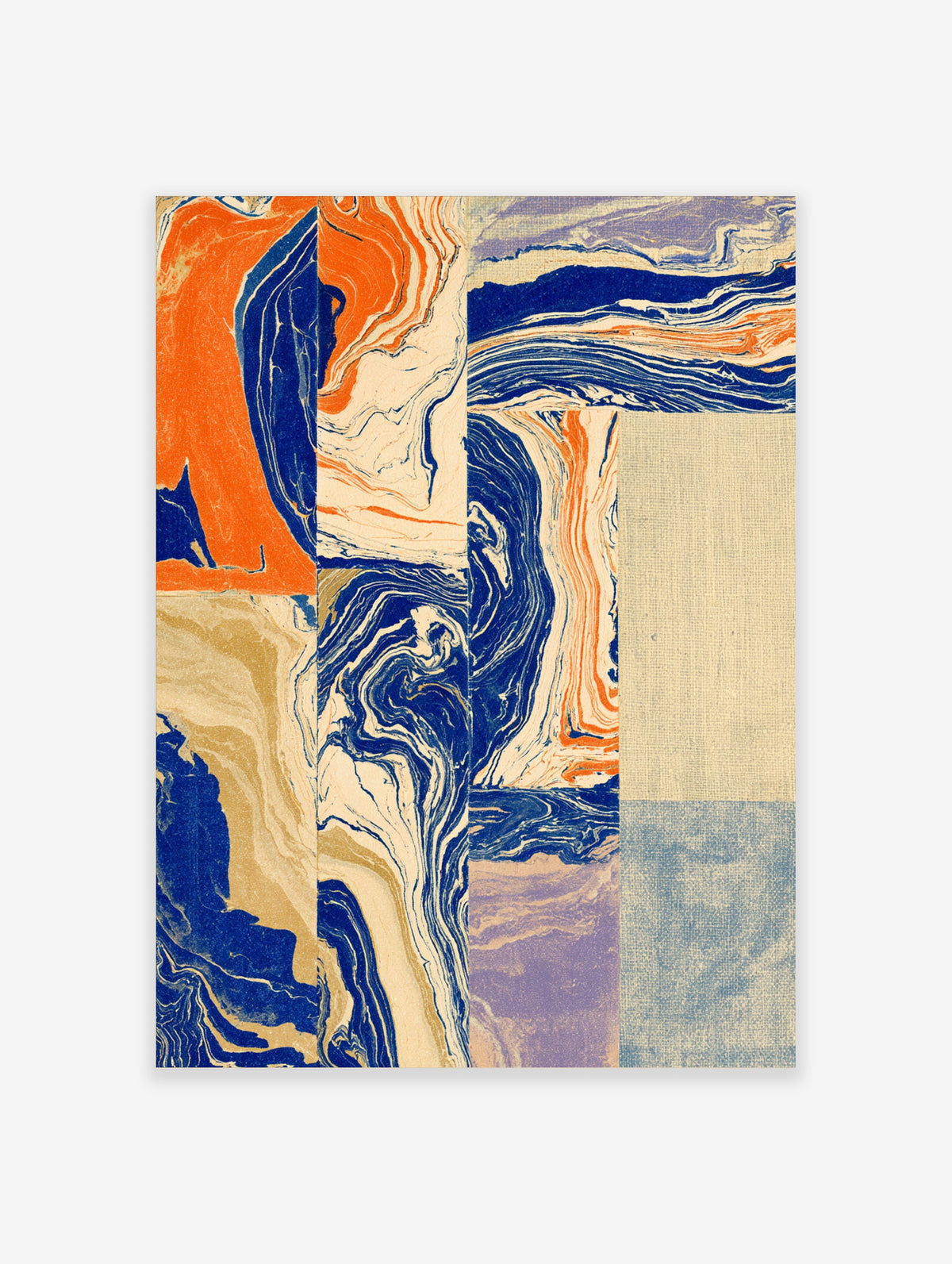 Abstract marbled paper art print with swirling navy blue, orange, and beige patterns