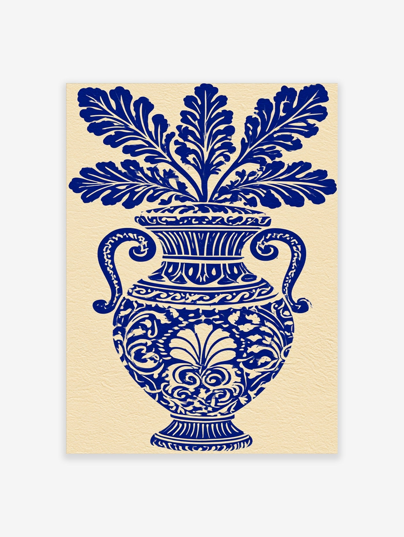 Blue ornate vase with scrolling handles and stylized leaves on cream background, botanical illustration print