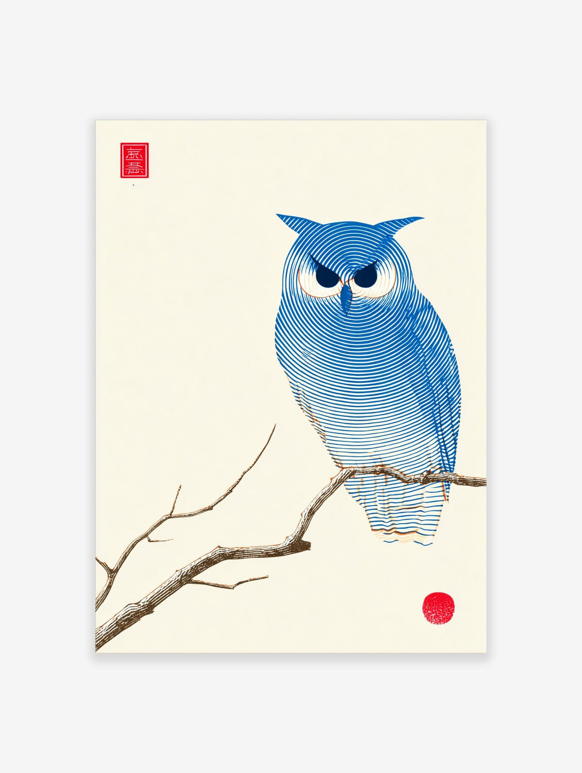 Blue owl illustration on a branch with concentric lines, red seal, and red circle on off-white background