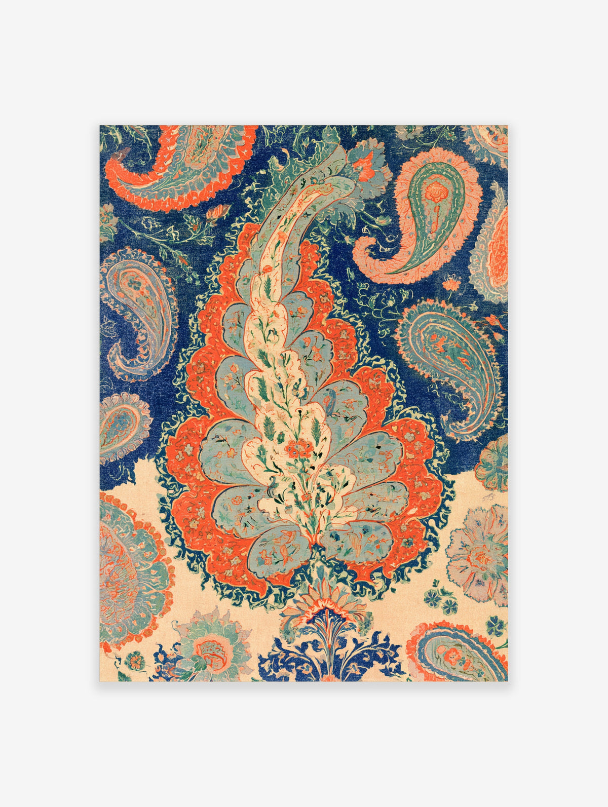 Ornate paisley pattern with coral, teal and cream motifs on navy blue background